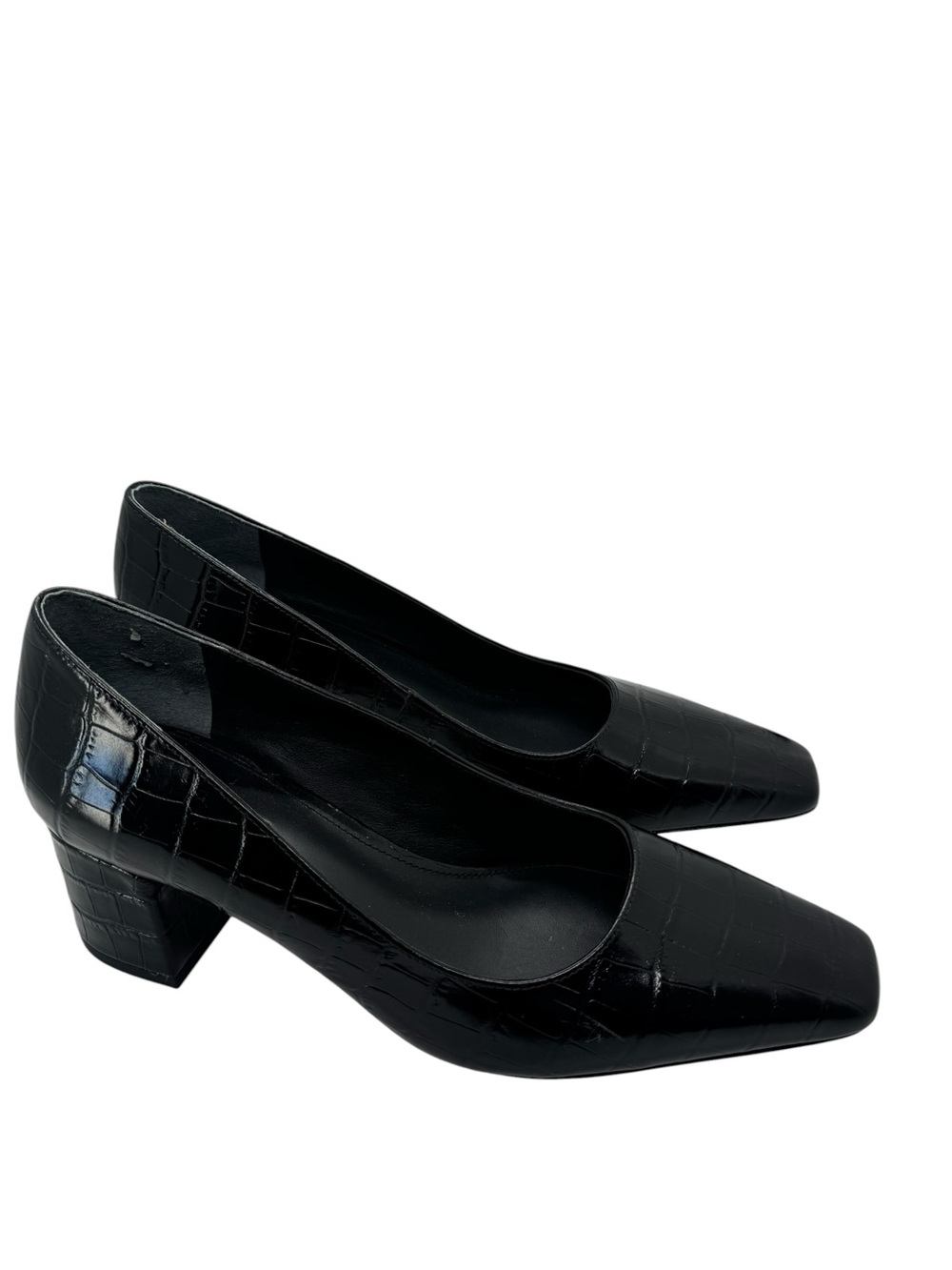 J.McLaughlin Black Croc Embossed Square Toe  Block Heels Pumps Shoe Size 8 - Picture 3 of 14